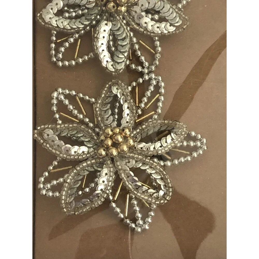 Tahari Poinsettia Flower Napkin Rings Beaded Silver Christmas Holiday Set of 4